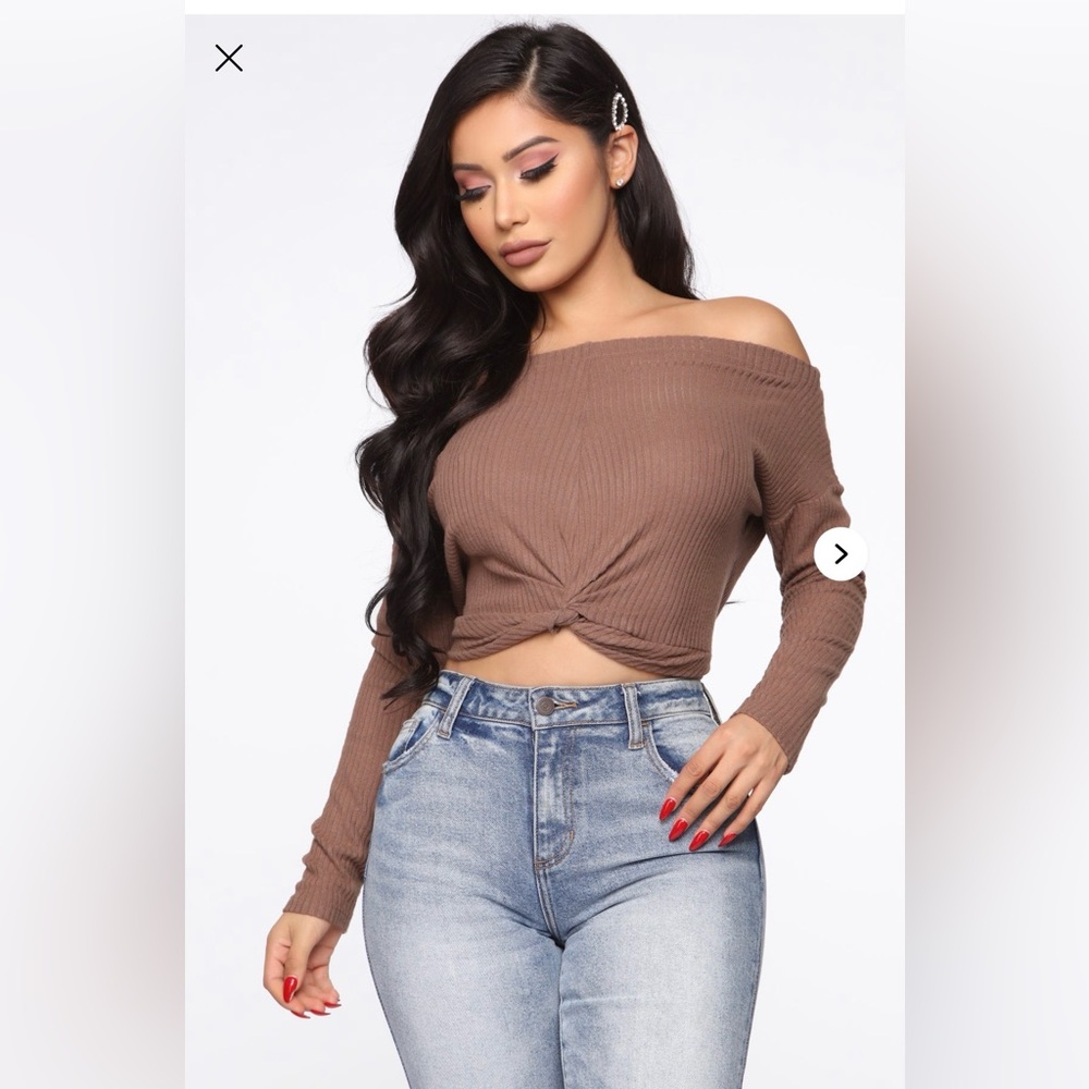 Fashion Nova Brown Off-Shoulder Twist Crop Top
